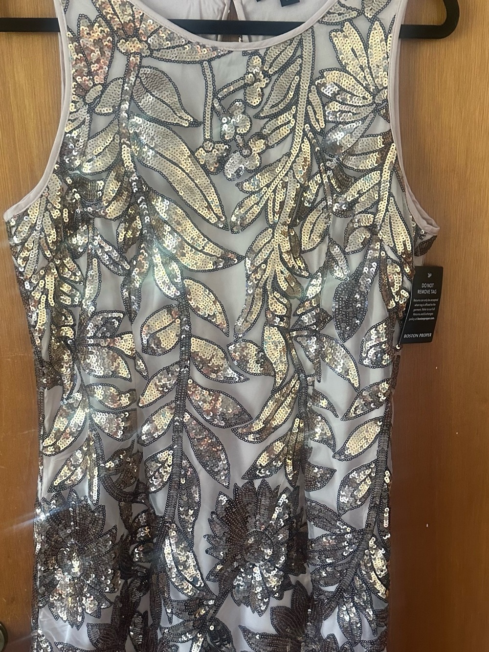 NWT Boston Proper High Neck Floral Sequin Sheath Dress - Gold/Beige - Size 14